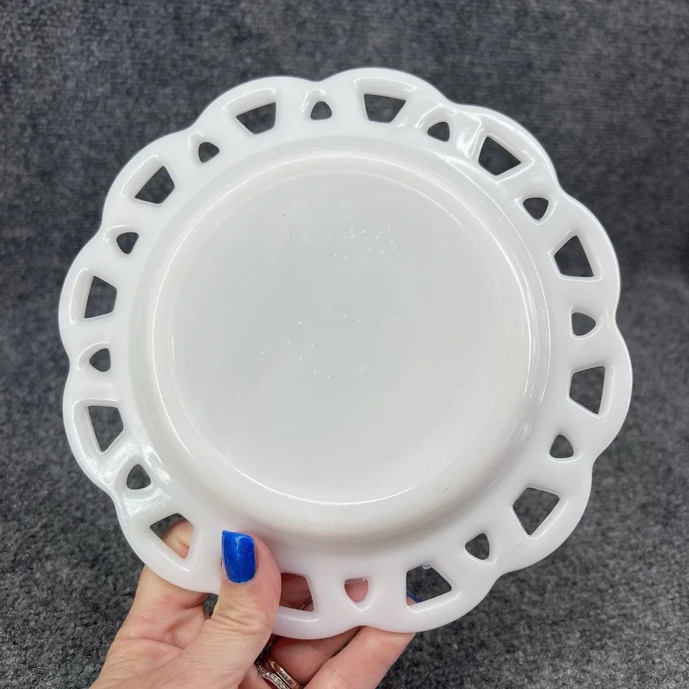Vintage Hazel Atlas Milk Glass Open Lace Edge Salad Luncheon Plate 8.25